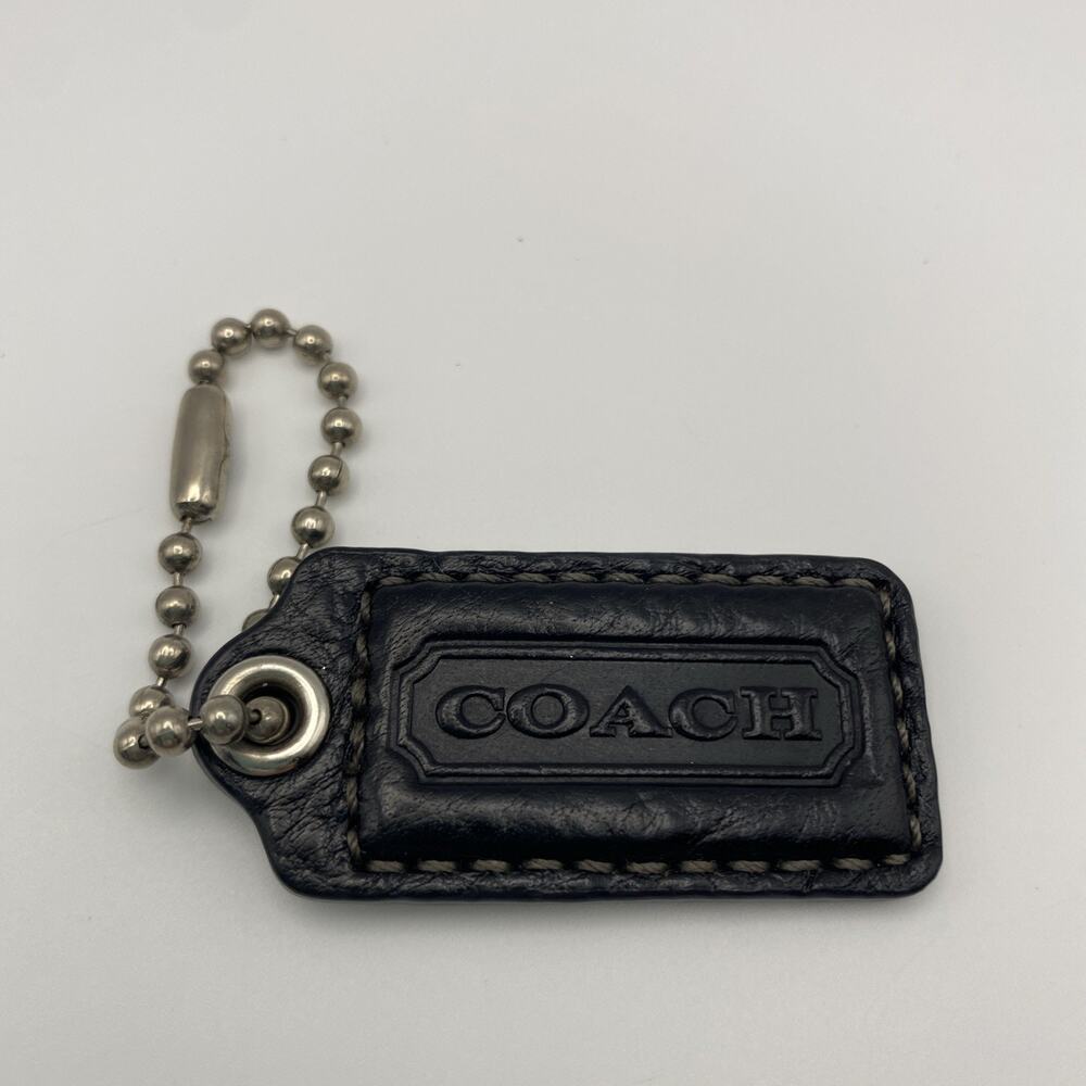 Coach Hang Tag Bag Charm Black Leather ~ 2” X 1” Keychain Silver Chain